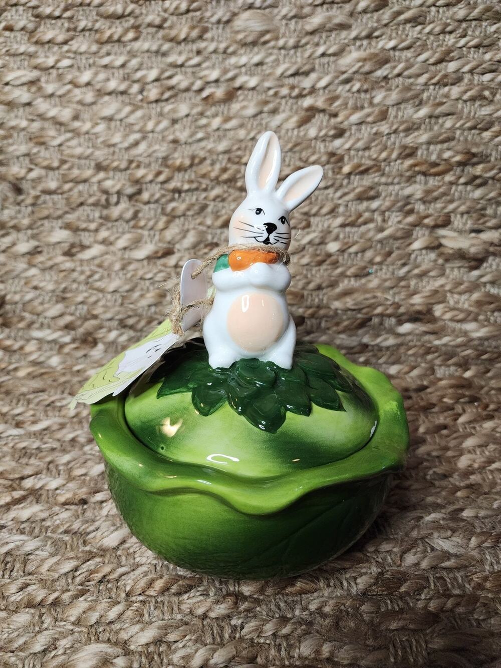 Ceramic Easter Bunny rabbit On Cabbage Bowl Candy Serving Trinket
